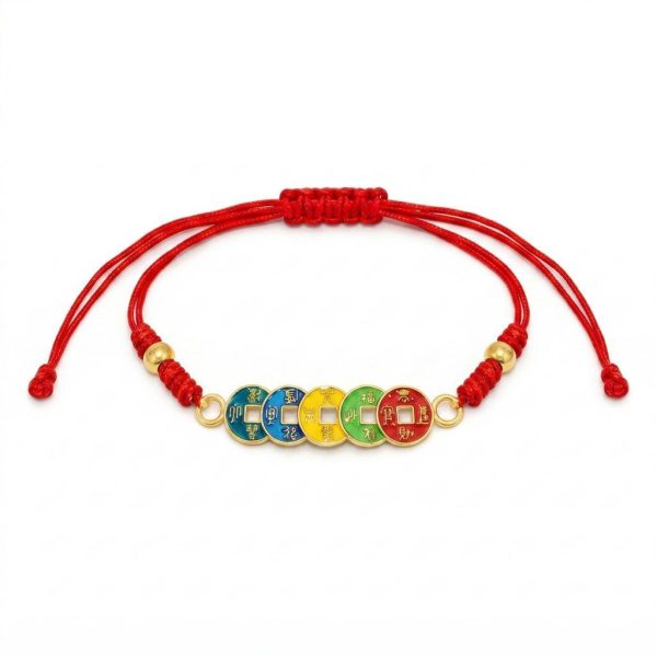 สร้อยข้อมือเชือกแดง ด้ายแดงมงคล + เหรียญจีน 5 ธาตุ 5 สี เสริมโชคลาภ การเงิน ฮวงจุ้ย ปรับขนาดได้ สายมู