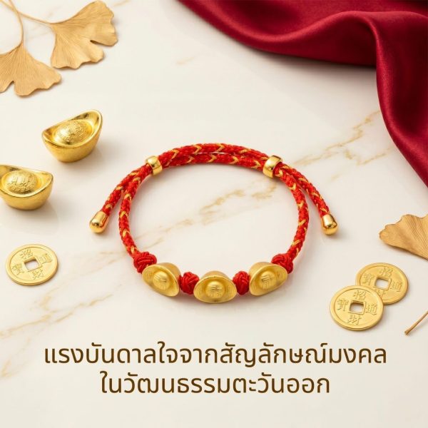 สร้อยข้อมือเชือกแดง ด้ายแดงมงคล + จี้ทองก้อน 3 ก้อน เสริมโชคลาภ การเงิน ร่ำรวย ความเจริญก้าวหน้า ปรับขนาดได้ สายมู