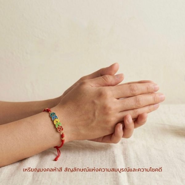 สร้อยข้อมือเชือกแดง ด้ายแดงมงคล + เหรียญจีน 5 ธาตุ 5 สี เสริมโชคลาภ การเงิน ฮวงจุ้ย ปรับขนาดได้ สายมู