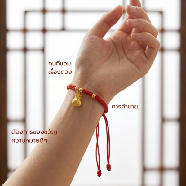 สร้อยข้อมือเชือกแดง ด้ายแดงมงคล + จี้ถุงเงิน 福 เสริมโชคลาภ การเงิน ฮวงจุ้ย เงินทองไหลมาเทมา ปรับขนาดได้ สายมู