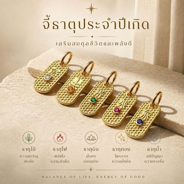 จี้ชาร์มทอง ธาตุทั้ง 5 พลอยประจำธาตุ ทอง ดิน น้ำ ไม้ ไฟ เสริมดวง ฮวงจุ้ย Mooniverse
